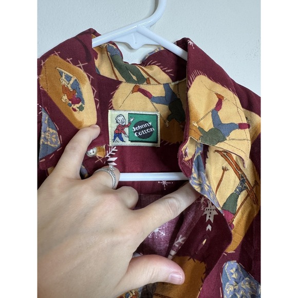 Vintage Johnny Cotton Shirt Mens Large‎ Skiing Print Winter Button Up 90s - Picture 2 of 5